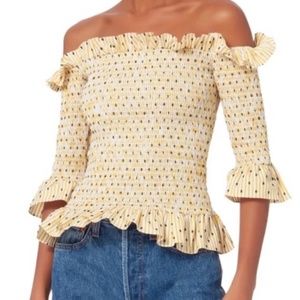 New CAROLINE CONSTAS Calida Cotton Poplin Smocked + Ruffled Top S